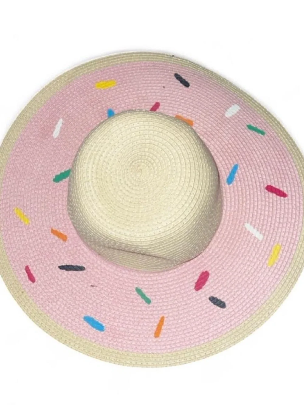 Wide Brim Straw Sun Donut  Beach Hat with Pink Sprinkles